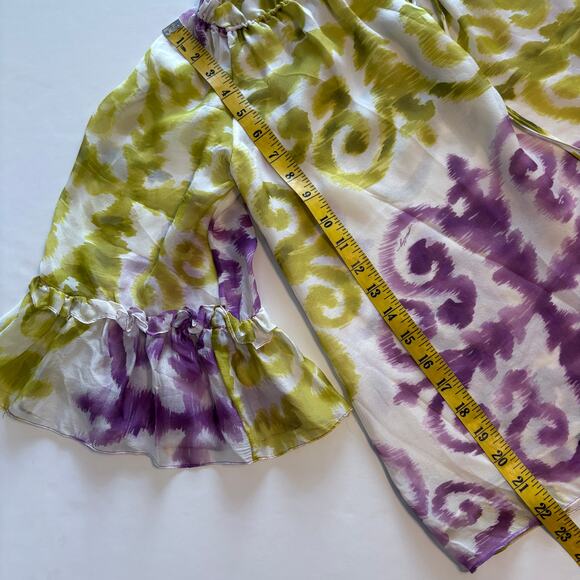 Milly 100% Silk Tie Neck Top Womens Size 8 Chartreuse Purple Ruffled Medium - Picture 7 of 7